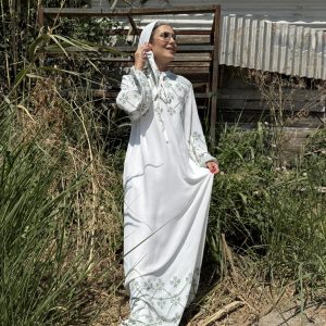 ג'לביה חגיגית+מטפחת תואמת+חגורה בכחול/ירוק