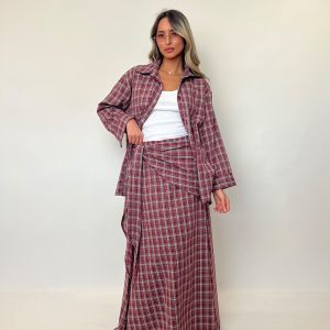 חליפה משובצת מכופתרת חצאית קשירה